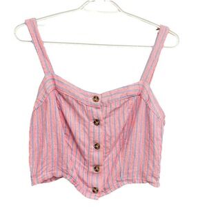 Ultra Flirt Tank Top Women's XL Pink Stripe Square Neck Crop Button Front Linen